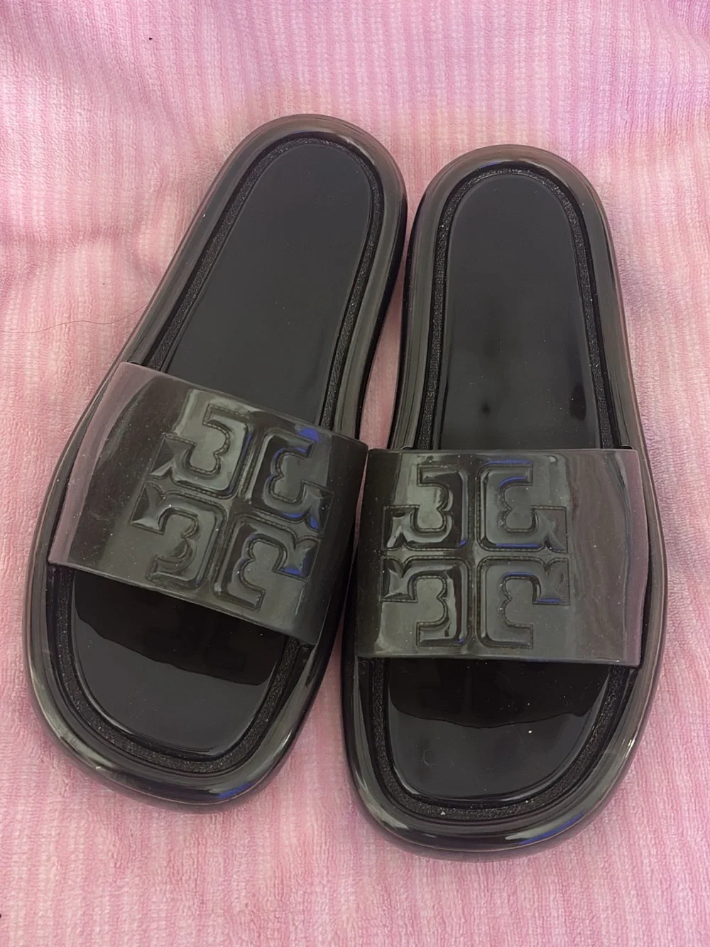 Tory Burch Black Logo Patent Slide Sandals